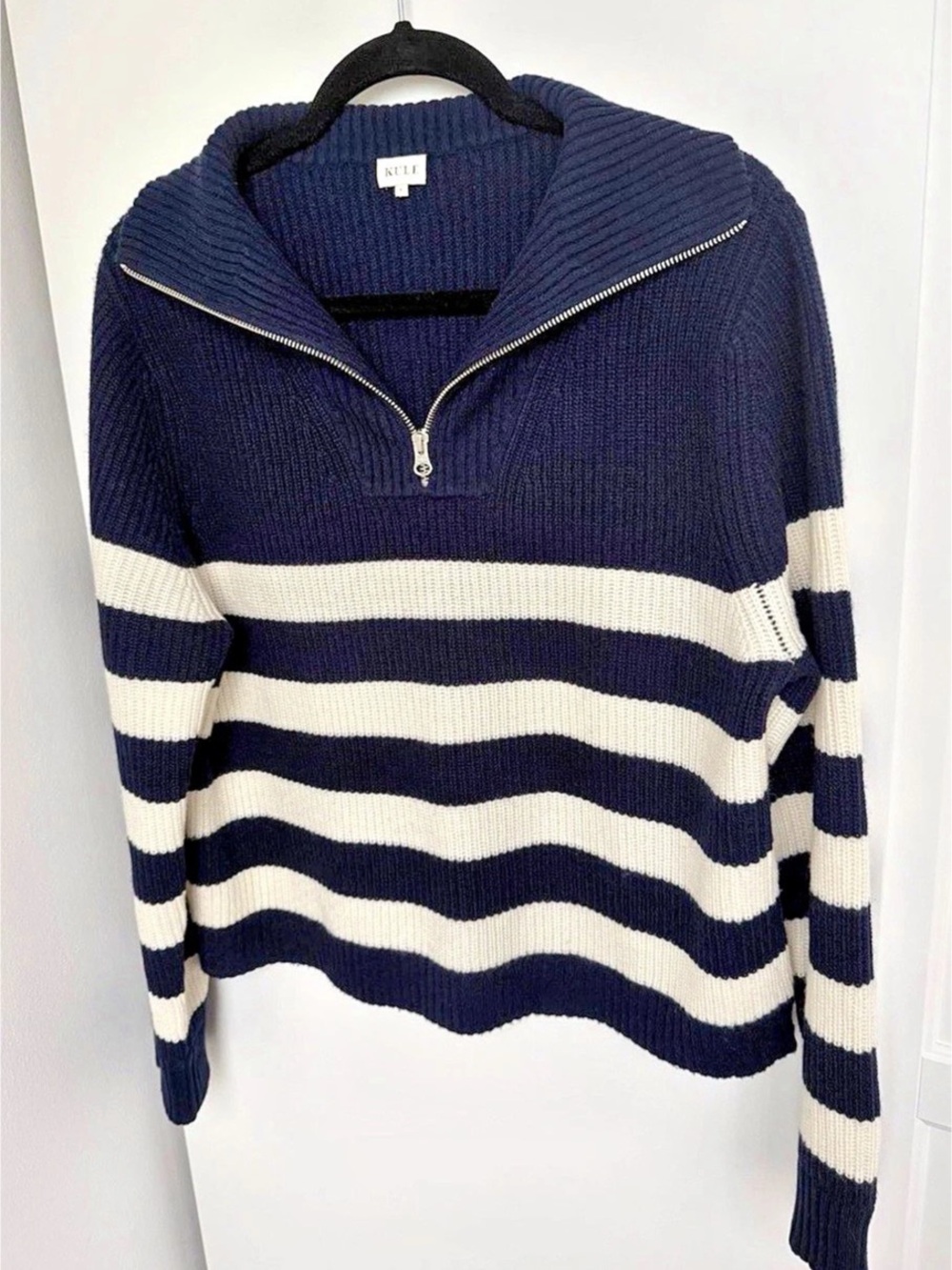 Kule Women’s Cashmere Wool Blend Navy Ivory Striped Half-Zip Sweater Size Large
